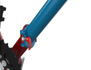 Compact Mobility Solution: Detailed Illustration of Folding Bicycle Chassis Hinge Joint, Featuring Red and Blue Components and Foldable Pedal Assembly, Essential for Transportation Technology Graphics
