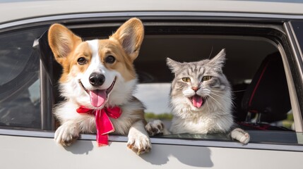 Happy corgi dog and gray cat sitting in front seats of white car with paws out of open windows, smiling in natural sunlight, wearing red ribbon, enjoying friendship and cheerful road trip together