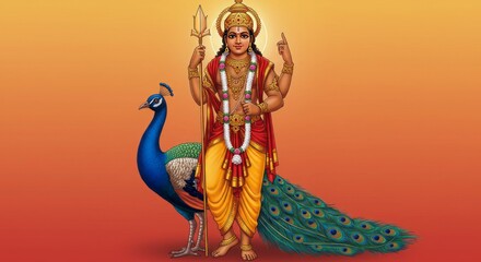 Illustration of Lord Murugan (Skanda) holding Vel spear, standing on peacock with glowing aura, soft orange-to-red gradient background