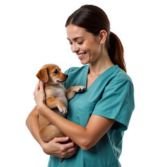 Caring Female Veterinarian Holding a Small Puppy, Isolated on White