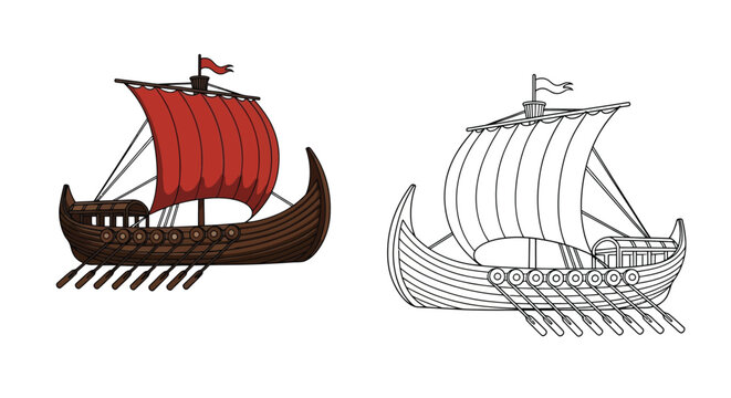 Byzantine Dromon Warship Coloring Page with Detailed Colored and Outline Naval Views