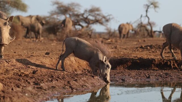 A group of warthogs arriving at a muddy waterhole for a drink with beautiful reflection and elephants feeding in the background , Mashatu Game Reserve.