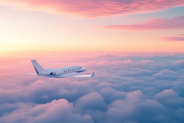Fototapeta premium Business class travel concept, luxury private jet at sunset or sunrise 3D illustration