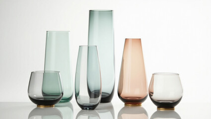 Modern glassware collection featuring elegant teal gray and rose toned vases and tumblers displayed on white background perfect for luxury home decor