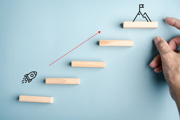 Ambition to target direction with wooden stair step business growth, goal setting, vision,...