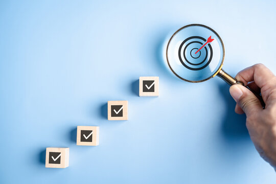 Business step growth success achievement with goal focus, project planning, strategic execution, and checklist process. Visualizing progress toward professional objectives.