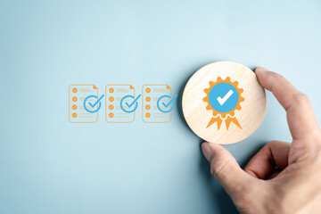 Certificate verification with compliance documents and check marks approval process, quality...