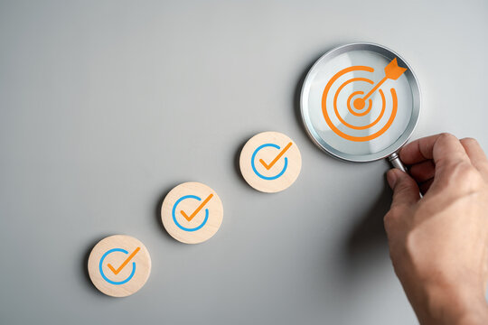Checklist planning process with progression toward goal, project management, task execution, productivity, achievement, and business success.