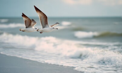 Fototapeta premium seagulls flying over the beach, with ocean waves in the background