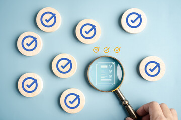 Digital form survey and checklist verification with document under magnifying glass, online data review, form validation, quality check, and approval process.