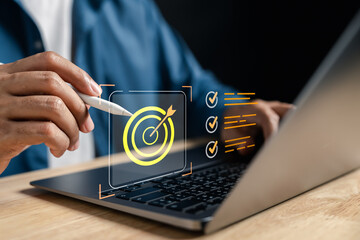 Goal planning process checklist with digital target and task tracking marks, representing business...