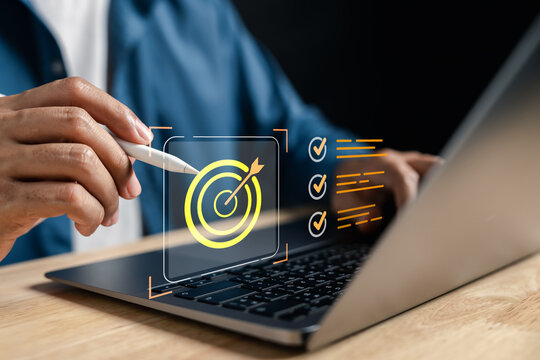 Goal planning process checklist with digital target and task tracking marks, representing business objectives, time management, and productivity improvement strategies.