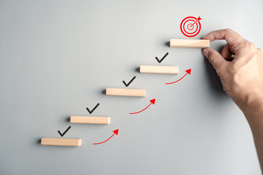 Goal setting and business growth strategy with step checklist, planning process, achievement direction, success target, and personal or team development.
