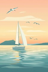Fototapeta premium A peaceful flat vector illustration of a sailboat gliding through calm waters, with seagulls overhead and a distant island on the horizon.