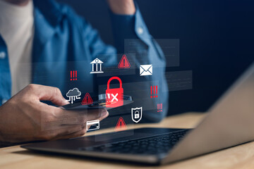 Online transaction alert and scam warning with lock icon and danger, cyber fraud, data breach, and financial security risks in digital environments.