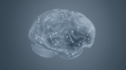Ethereal human brain with intricate folds and contours, overlaid with celestial constellations and connecting lines, blending science and the cosmos on a dark-blue background.