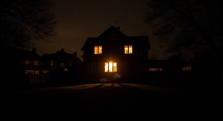 House at Night with Lights On