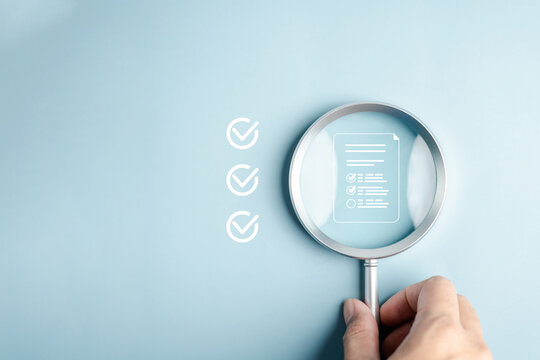 Survey document checking process showing magnifying glass focusing on online checklist form, quality control, feedback evaluation, and digital data verification workflow. - Powered by Adobe
