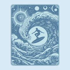 retro vector illustration of surfing on open beach