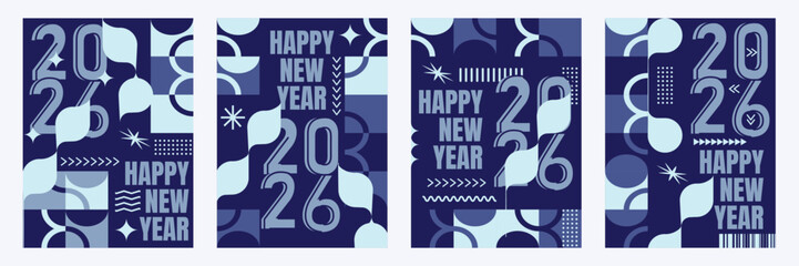 Modern 2026 New Year Poster Set Abstract Geometric Holiday Greeting Card Templates Collection of 2026 Happy New Year card, cover, poster. Vector illustration