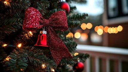 Obraz premium Close-up of a festive Christmas tree ornament with a red bow and bell, softly lit background