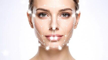 Facial Recognition Technology Tracking Points on a Woman's Face for Skin Analysis - Powered by Adobe