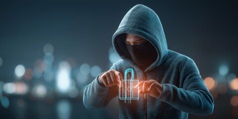 iot  smart devices  cybersecurity concept. Mysterious figure manipulating a digital lock interface.