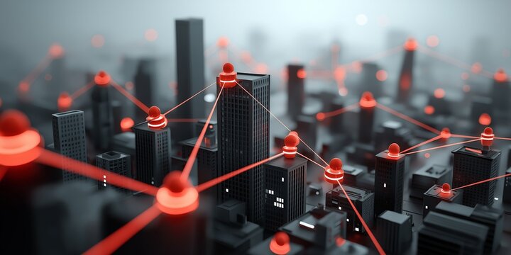iot  smart devices  cybersecurity concept. Digital cityscape with network connections and red accents.