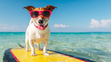 Cute Jack Russell terrier wearing red sunglasses standing on yellow and black surfboard in clear ocean water under blue sky on sunny day, showing joyful expression and fun summer vacation mood