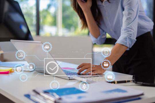 Digital transformation technology strategy, Person using laptop, tablet and smartphone with of things. transformation of ideas and the adoption.