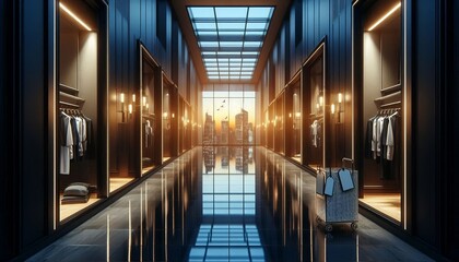 Penthouse corridor seamless glossy floor mirrors city glow narro