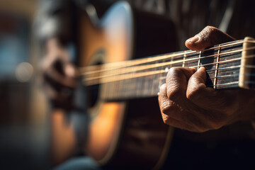 Fototapeta premium Close-up of hands playing guitar, shallow depth of field, blurred background.