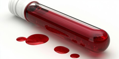Blood sample tube laying on a white surface with red drops nearby, emphasizing the precision when handling and testing clinical specimens.