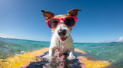 Cute Jack Russell terrier wearing red sunglasses standing on yellow and black surfboard in clear ocean water under blue sky on sunny day, showing joyful expression and fun summer vacation mood