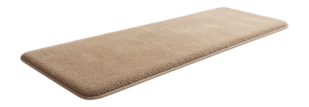 Microfiber bath runner designed to span the length of a double vanity area in a spacious home.