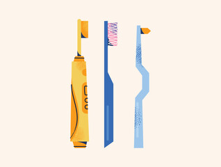 Dental Care Vector Set Electric, Manual Toothbrushes Oral Hygiene. Flat vector illustration in cartoon style. Dental care and hygiene concept