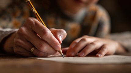 close-up of the mother hand gently guiding the boy pencil as he writes, shallow depth of field, cozy home background, authentic and detailed