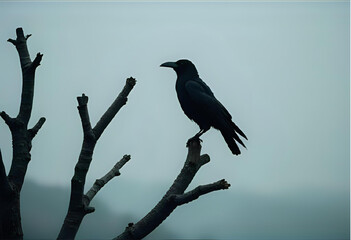 Fototapeta premium a single raven sitting on a a bare, withered tree with foggy cold mountains in the background