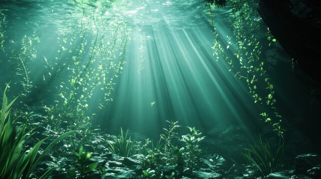 Sunlight streams through underwater vegetation, illuminating a serene underwater cave environment. - Powered by Adobe