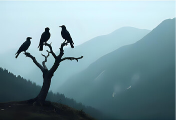 three crows sitting on a a bare, withered tree with foggy cold mountains in the background