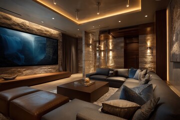 Fototapeta premium Luxury home theatre featuring stone walls and comfortable seating. Ideal for showcasing interior design or home entertainment concepts.