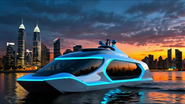 A futuristic, sleek boat with blue lighting against the backdrop of a cityscape during sunset. The boat features modern design elements, such as curved lines and a streamlined shape