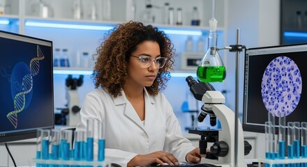 Scientist analyzing dna and cellular structures on computer screens in a modern laboratory setting