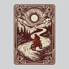 motorcycle gallops over wilderness bend in explorer's vector card