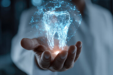 The dentist looks at the hologram of the tooth. Concept for innovative technologies, medicine of the future, tooth snapshot