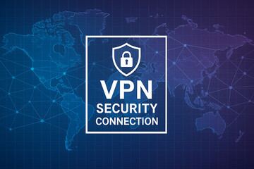 VPN secure connection graphic with glowing shield and lock icon over world map, representing global cybersecurity, encrypted internet access, and digital privacy protection, VPN secure connection, 
