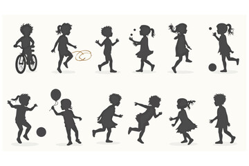 Children Silhouettes Playing Various Games on White Background