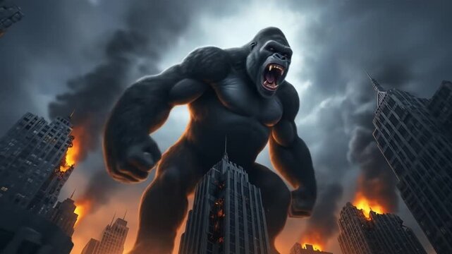 A massive gorilla, roaring in fury, towers over a city ravaged by fire and destruction.
