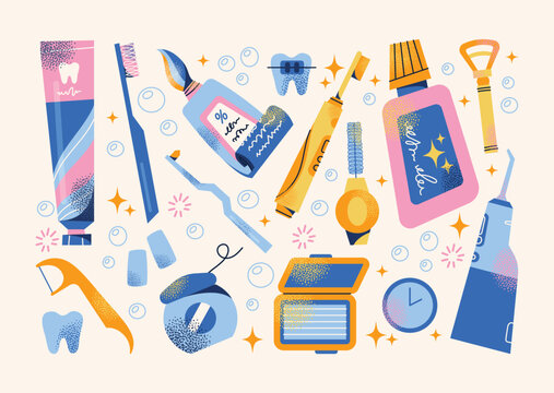 Dental hygiene tools set toothbrush, toothpaste, floss, interdental brush, toothpaste tube, irrigator, and mouthwash. Flat vector illustration in cartoon style. Dental care and hygiene concept