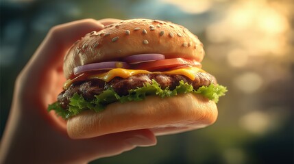 A person is holding a hamburger with lettuce and onions. The burger is placed on a bun and is ready to be eaten